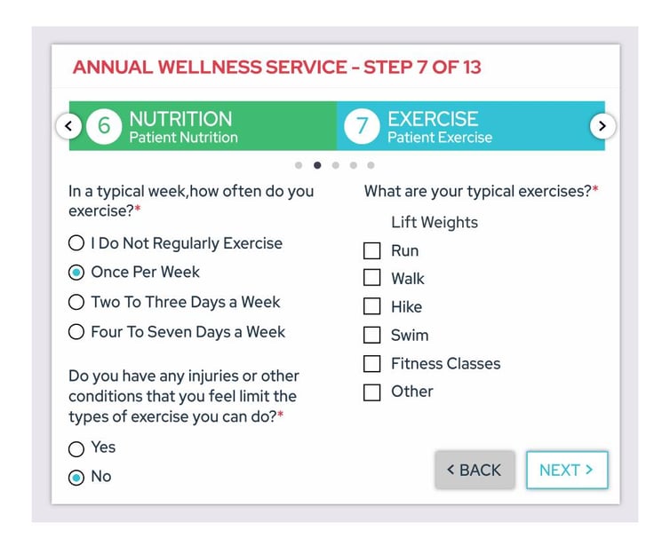 Annual wellness questionnaire screen